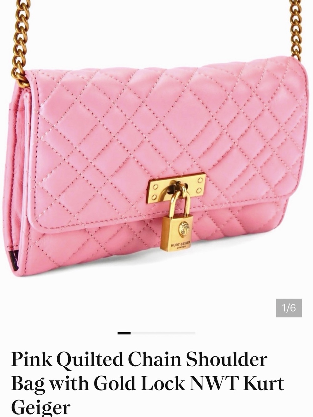 Pink Quilted Chain Shoulder Bag with Gold Lock NWT Kurt Geiger